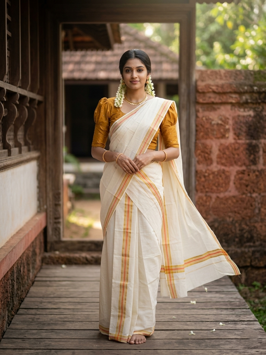 Southloom Pure Cotton Kerala Single Mulloth Set Mundu (Mundum Neriyathum) Orange And Mustard Yellow Border in 2.80 mtrs SL243