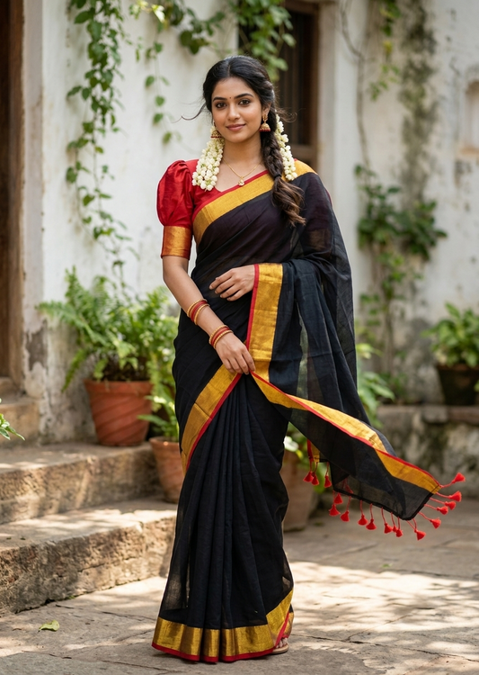 Southloom Mul Cotton 120 x 120 Soft Fabric Saree In Black on Body with Gold&Red in Border SL215