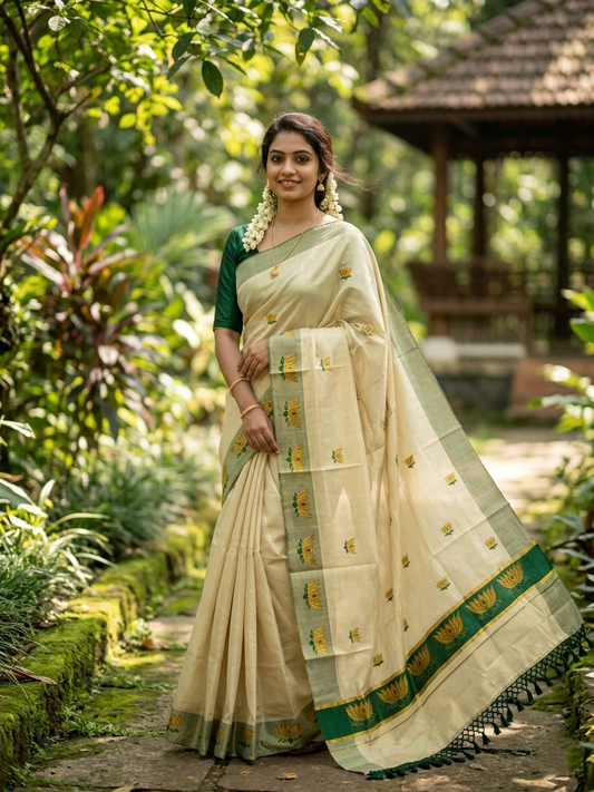 Southloom Kerala Tissue Kasavu Saree with Green And Golden Lotus Embroidery Works on Body SL273