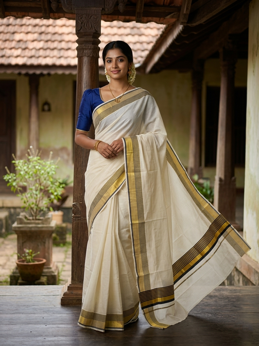 Kerala Pure Cotton Saree with Kasavu and Dark Blue Border