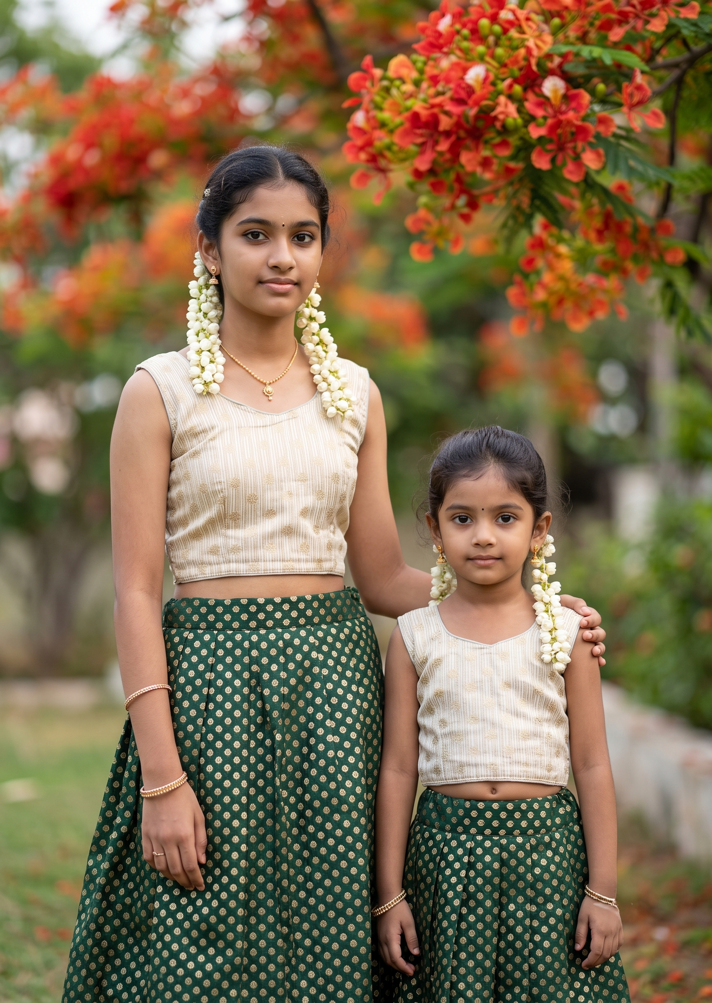 Southloom Kerala Cotton Kasavu Pavada Blouse In Green for Kids SL587