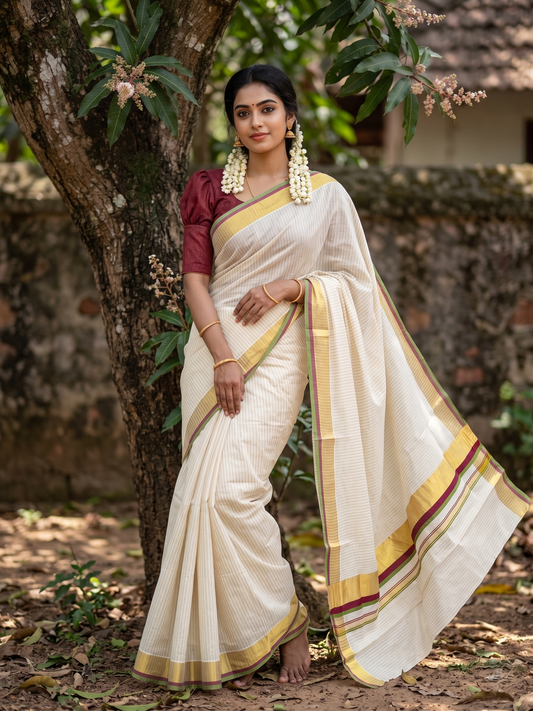 Southloom Kerala Cotton Kasavu Saree with Stripes on Body In Maroon And Olive Green Border