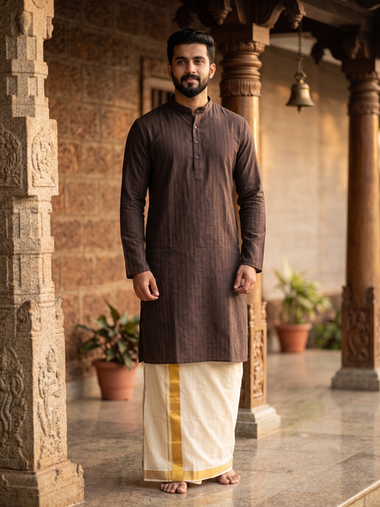 Southloom Brown Woven Semi Silk Short Kurta for Men SL590