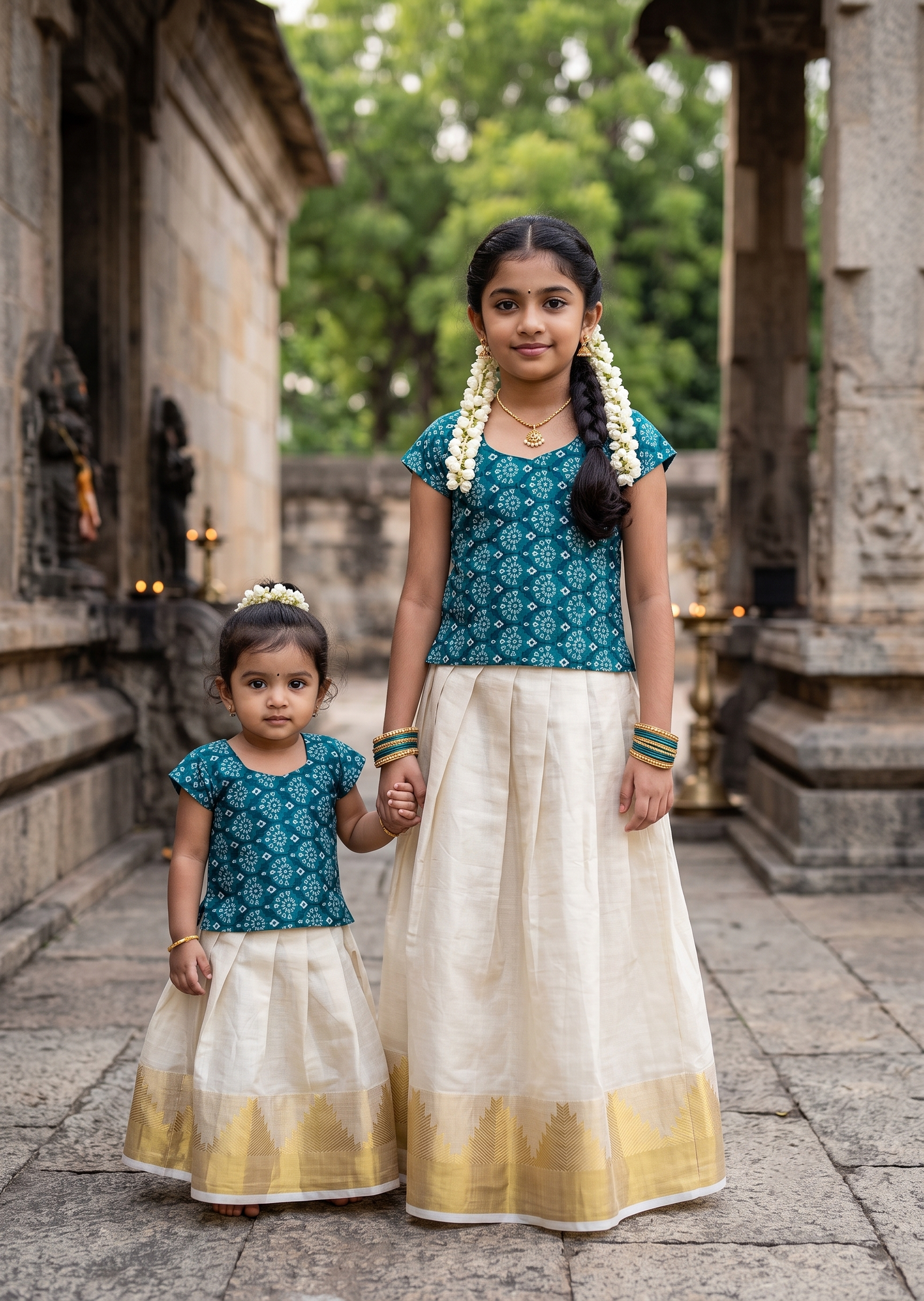 Southloom Kerala Tissue Kasavu Ajrakh Printed Pavada & Blouse with for Kids SL606
