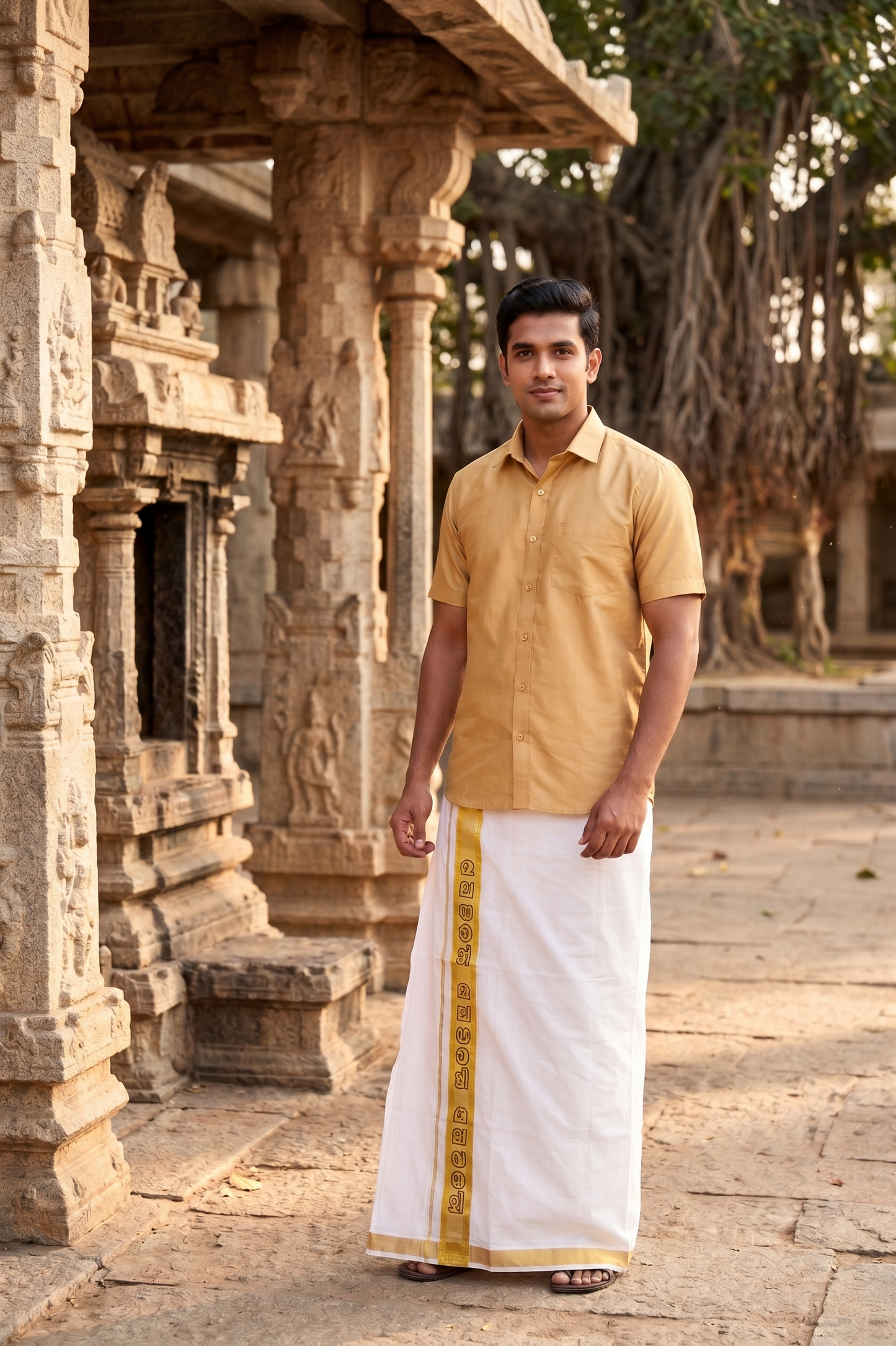 Kerala Pure Cotton Double Mundu with Malayali Letters on Kasavu Border(South Indian Kerala Dhoti)