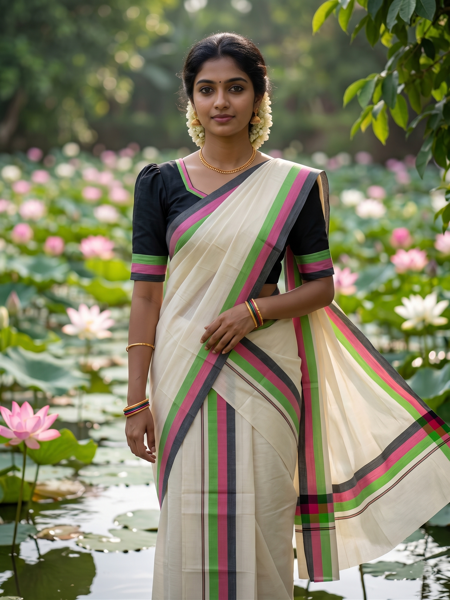 Southloom Kerala Mulloth Cotton Double Mundum Neriyathum with Multicolor Border