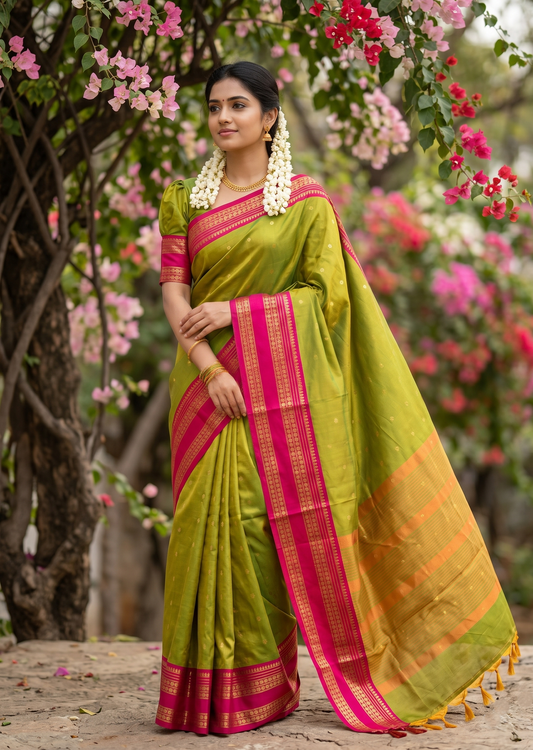 Southloom Semi Silk Narayan Pett Saree with Butta Works Across Body in Green