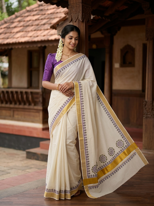 Southloom Cotton Kerala Kasavu Saree with Green and Violet Block Prints On Border