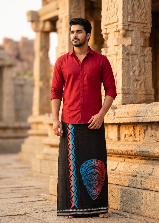 Southloom Black Neon Printed Single Mundu / Otta Mundu / Lungi (South Indian Kerala Dhoti)