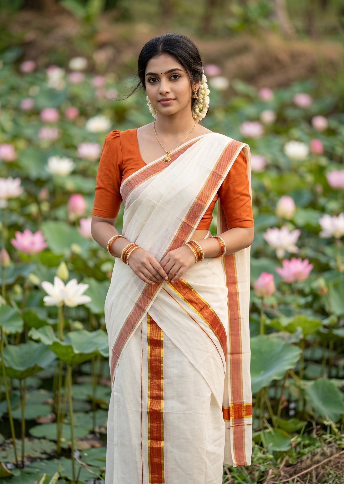 Southloom Pure Cotton Kerala Kasavu Set Mundu (Mundum Neriyathum) Kasavu & Orange Border in 2.80 Mtrs SLKK SL470