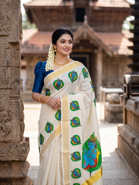Southloom Kerala Tissue Kasavu Saree with Krishna Mural Printed Design