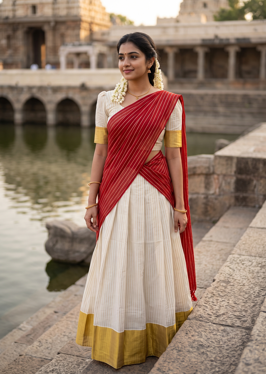 Southloom Semi UnStitched Cotton Stripes Dhavani Set with Pavada and Blouse Piece