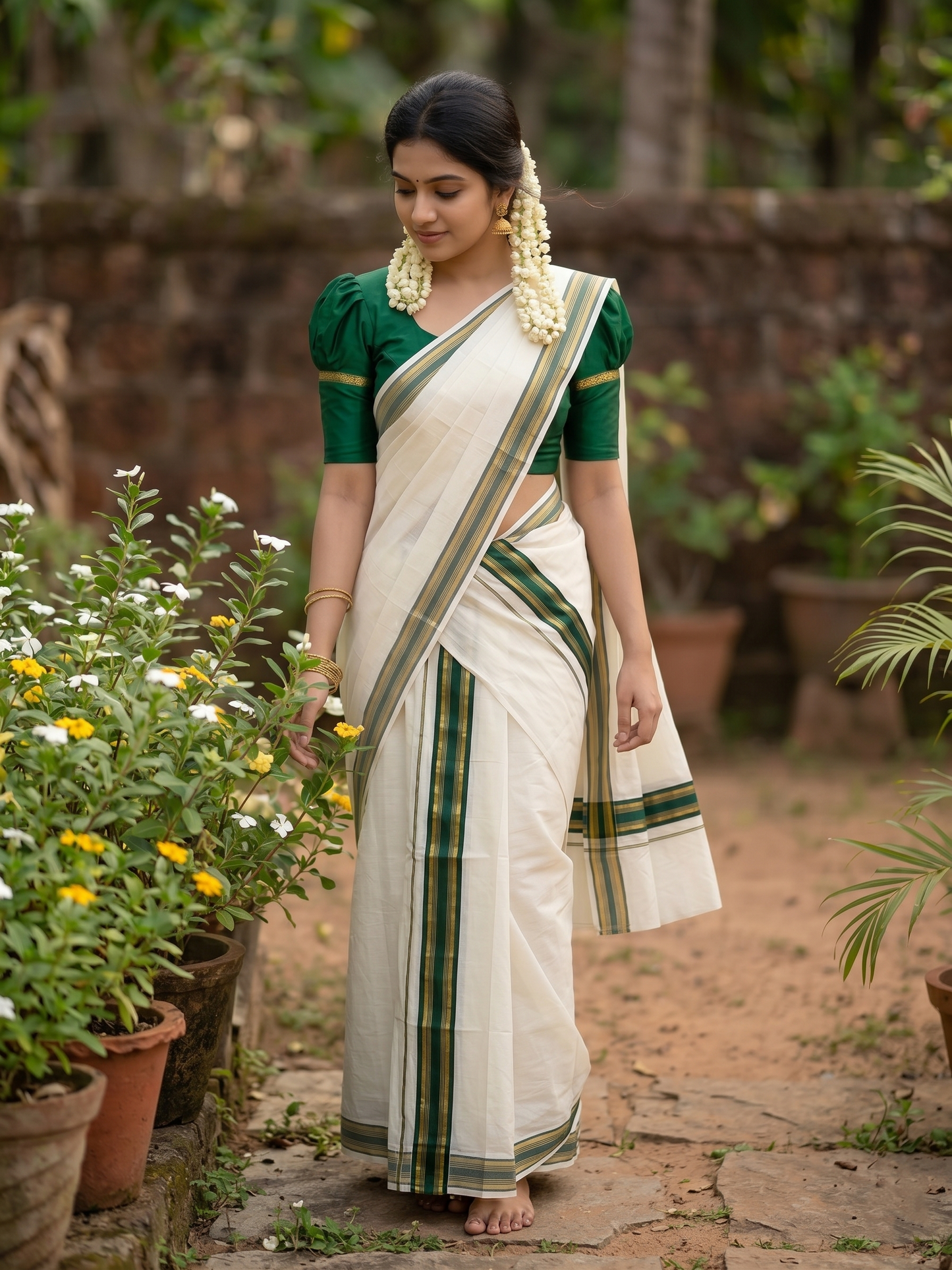 Southloom Kerala Cotton Kasavu Single Set Mundu (Mundum Neriyathum) with Green Kasavu Border SLKK