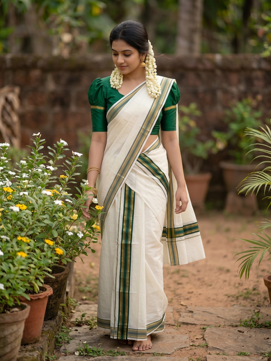 Southloom Kerala Cotton Kasavu Single Set Mundu (Mundum Neriyathum) with Green Kasavu Border SLKK