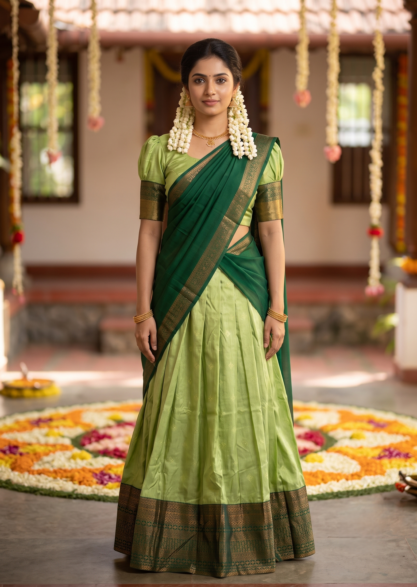Southloom Semi Silk Dhavani Set with Pavada and Green Blouse PieceSLDHAVANI  SL542