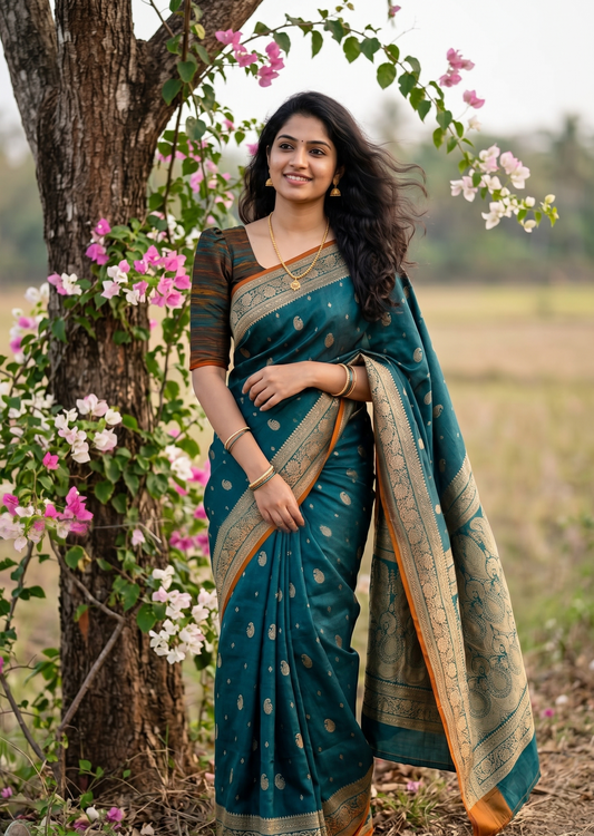 Southloom Muslin Cotton Saree With Floral Prints on the Body and Borders