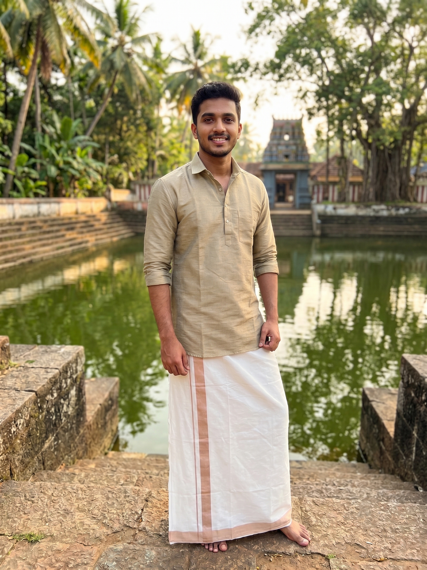Southloom Kerala Pure Cotton Double Mundu with Beige Border (South Indian Kerala Dhoti)