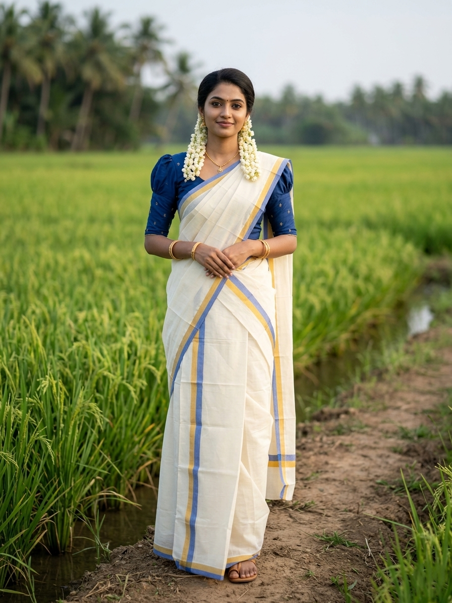 Southloom Pure Cotton Kerala Single Mulloth Set Mundu (Mundum Neriyathum) Blue And Mustard Yellow Border in 2.80 mtrs SL243