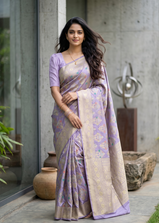 Southloom Pure Banarasi Silk Saree with Woven Work on Body and Borders (Lavender)