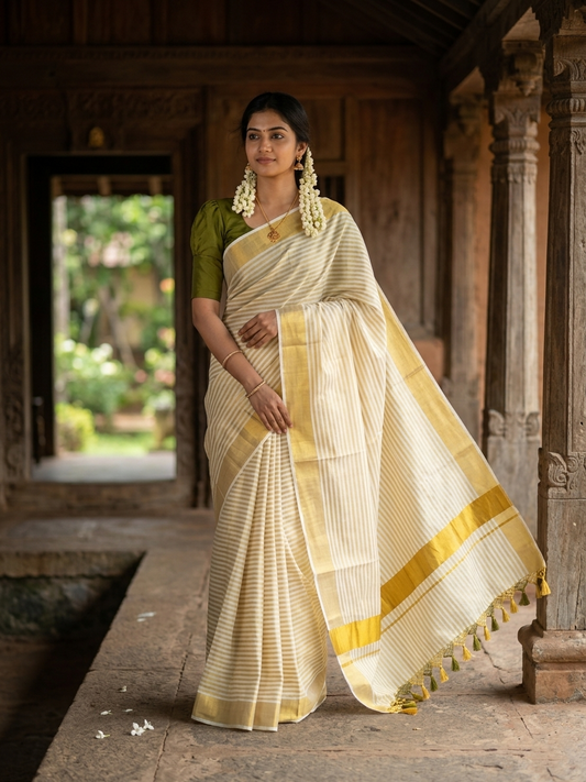 Southloom Kerala Cotton Kasavu Saree with Stripes on Body in Olive Green SL328