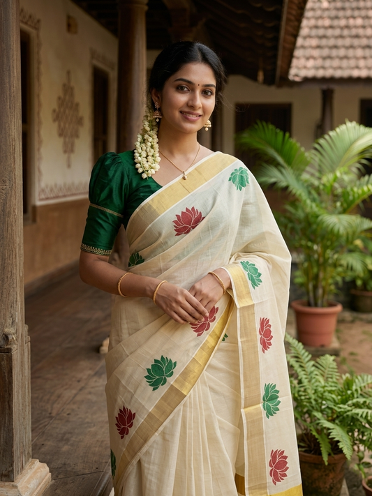 Southloom Kerala Tissue Saree with Green And Maroon Lotus Block Prints On Kasavu Border