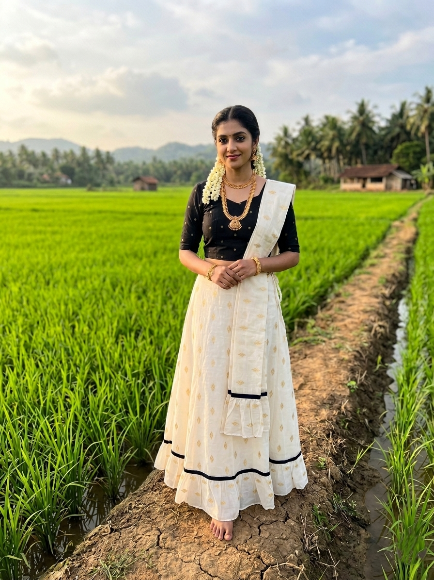 Southloom Stitched Cotton Dhavani Set with Pavada and Black Blouse Piece