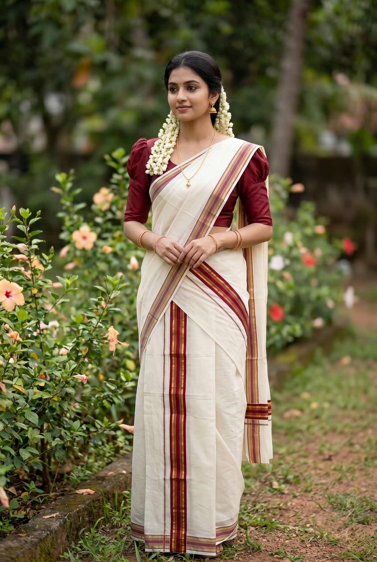 Southloom Kerala Cotton Kasavu Single Set Mundu (Mundum Neriyathum) with Maroon Kasavu Border SLKK