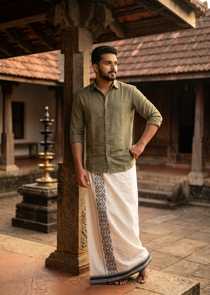 Southloom White Printed Single Mundu / Otta Mundu / Lungi (South Indian Kerala Dhoti)