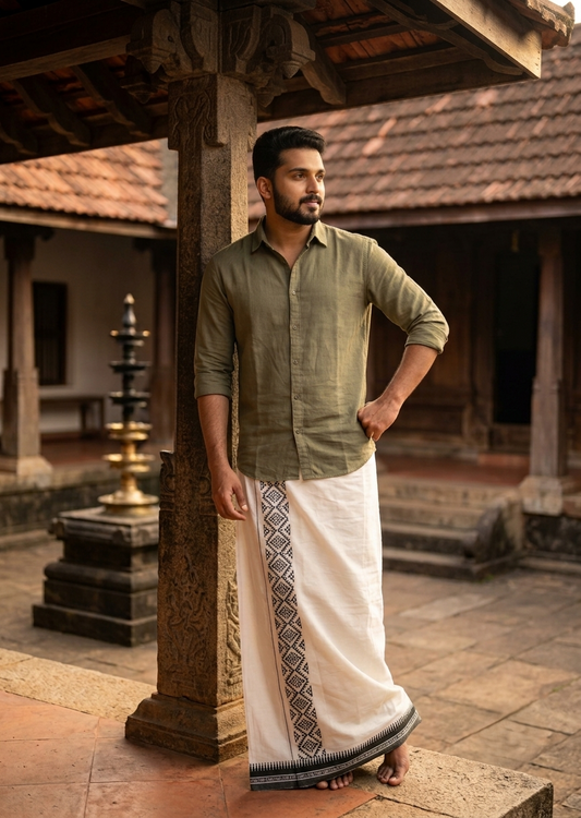 Southloom White Printed Single Mundu / Otta Mundu / Lungi (South Indian Kerala Dhoti)