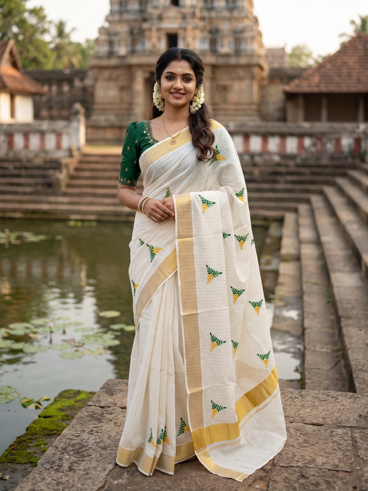 Southloom Kerala Cotton Kasavu Line Saree with Green & Yellow Floral Embroidery Works
