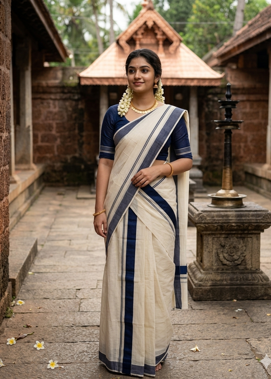 Kerala Cotton Navy Blue Kara Set Mundu 2.80 mtrs SL425