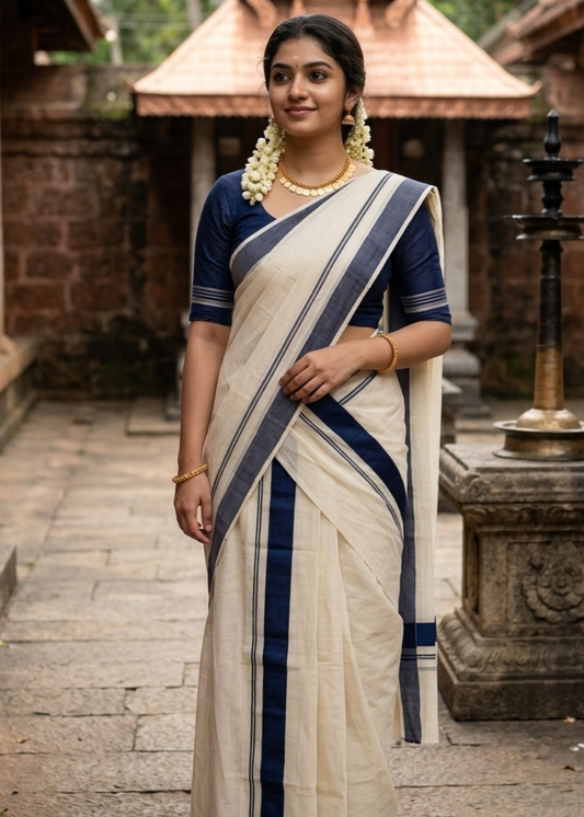 Kerala Cotton Navy Blue Kara Set Mundu 2.80 mtrs SL425