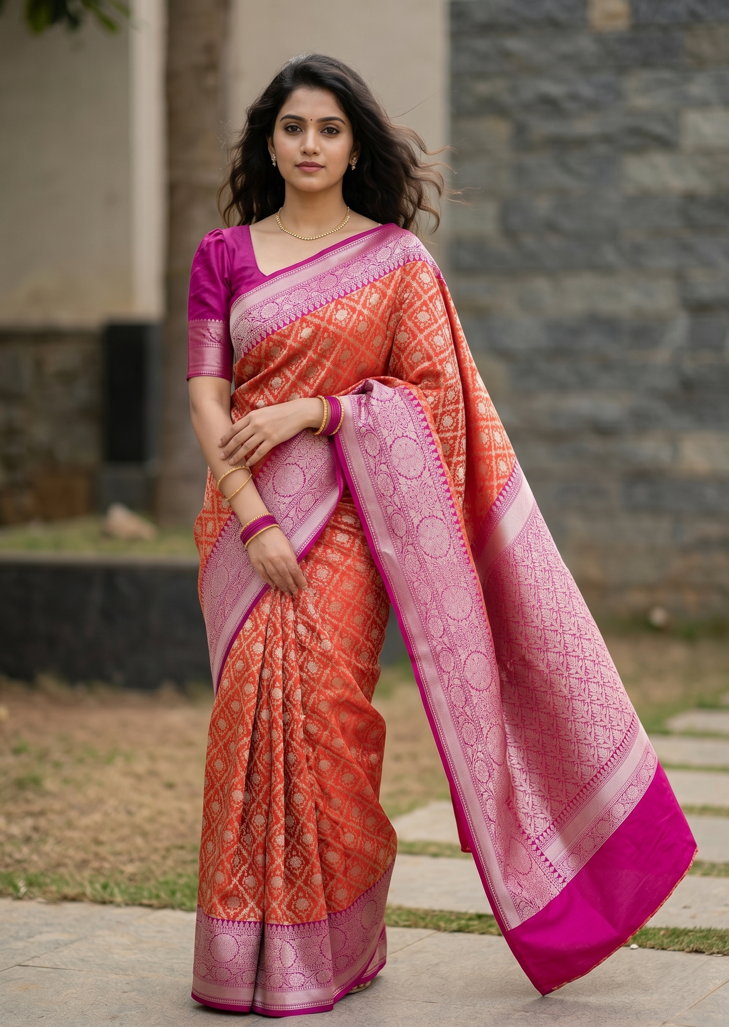 Southloom Pure Banarasi Silk Saree with Woven Work on Body and Borders (Orange And Pink)