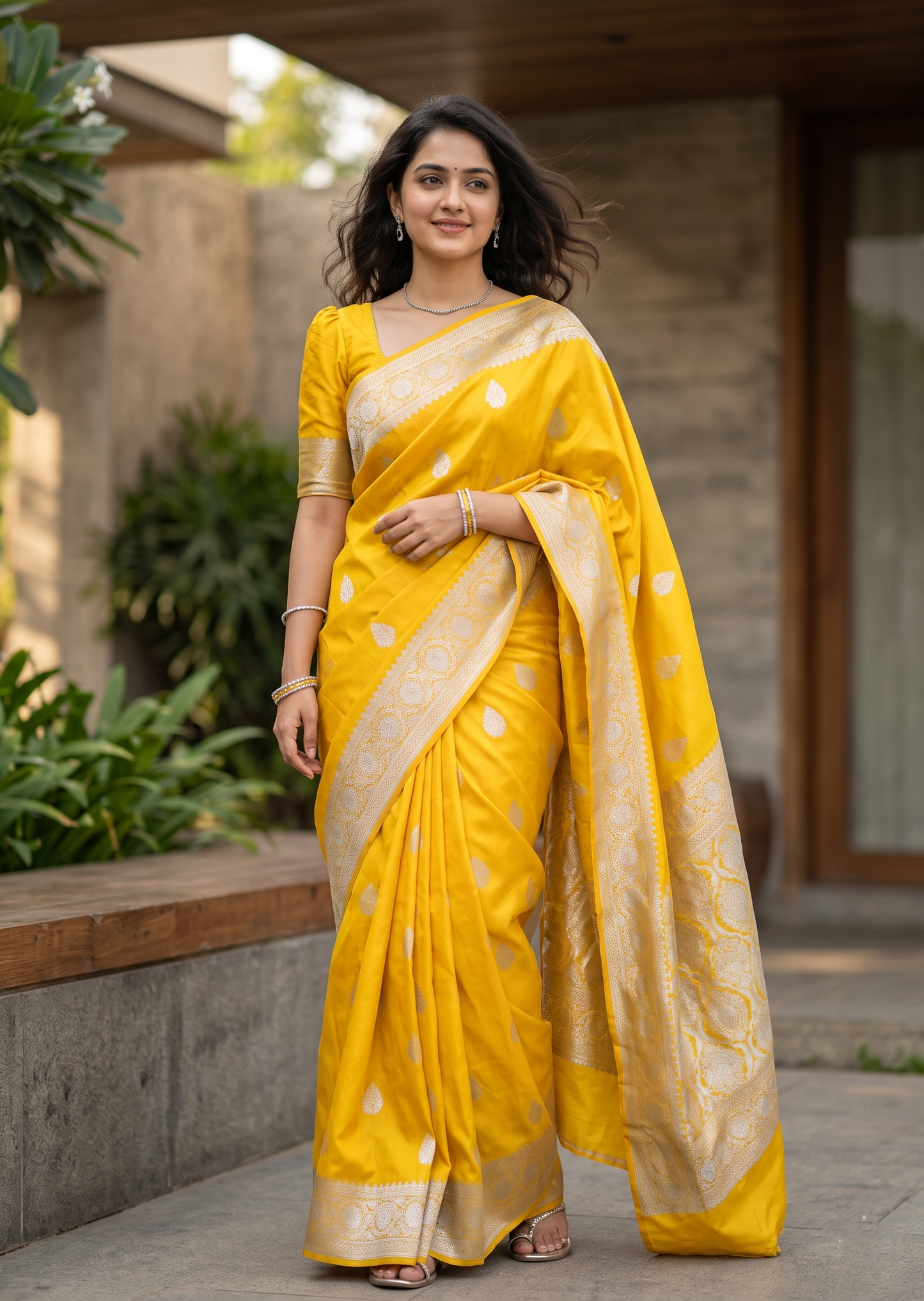 Southloom Satin Banarasi Silk Saree with Woven Work on Body And Borders In Yellow