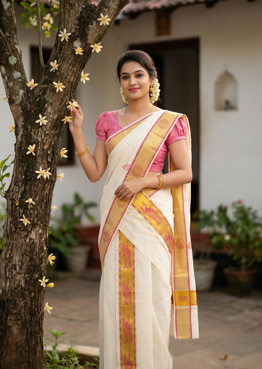 Kerala Cotton Plain Single Set Mundu (Mundum Neriyathum) with Leaf Butta Works on Body and Temple Border in Pink 2.80 Mtrs SL401