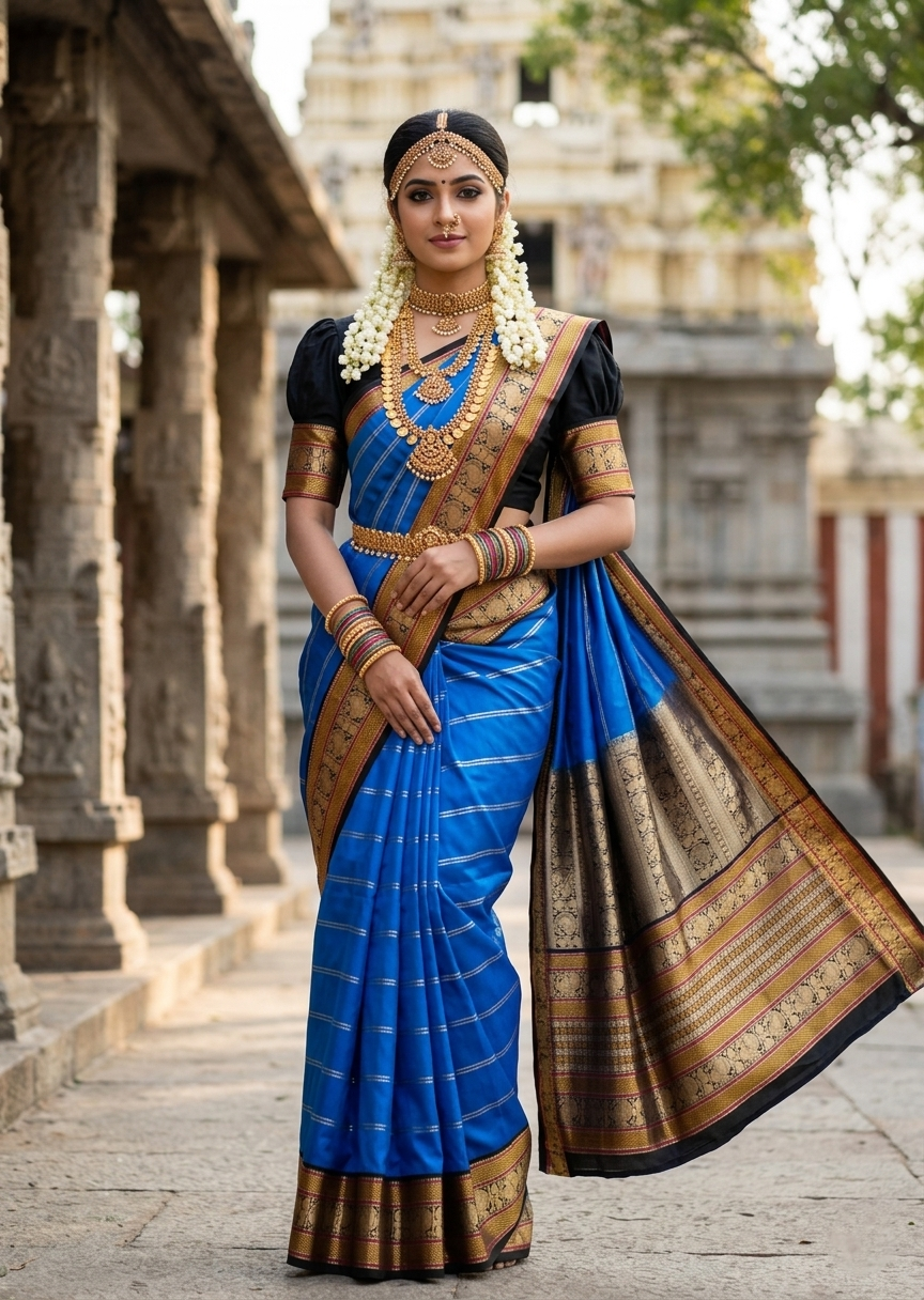 Southloom Pure Handloom Bridal Kanchipuram Silk Saree with Korvai Work (Blue & Black)