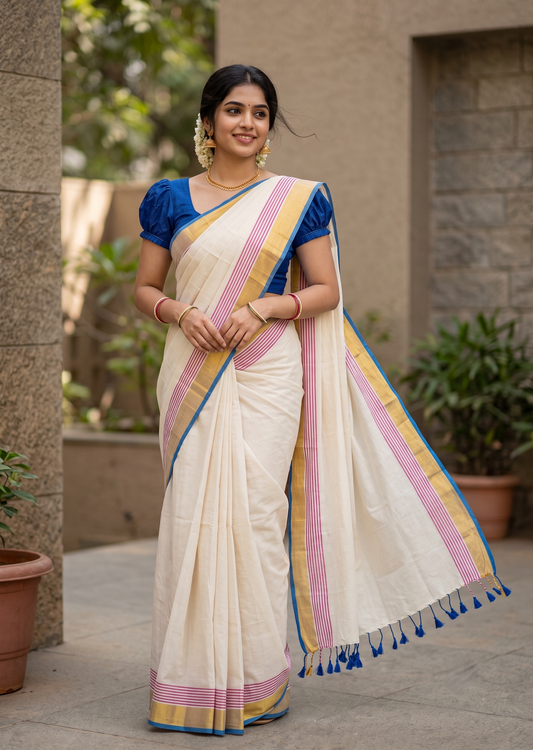 Southloom Mul Cotton 120 x 120 Soft Fabric Saree with Pink&Blue Border SL215