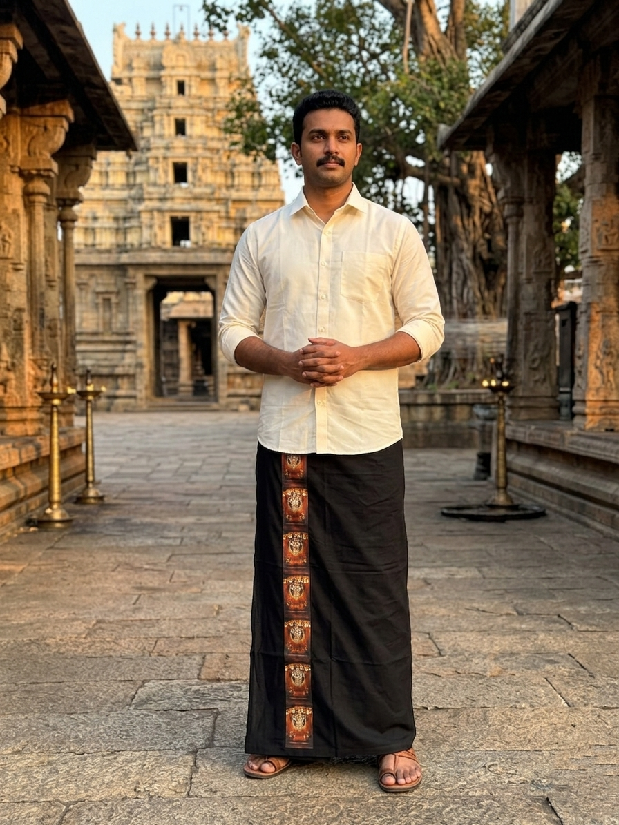 Southloom Black Printed Ayyapan Single Mundu / Otta Mundu  (South Indian Kerala Dhoti)