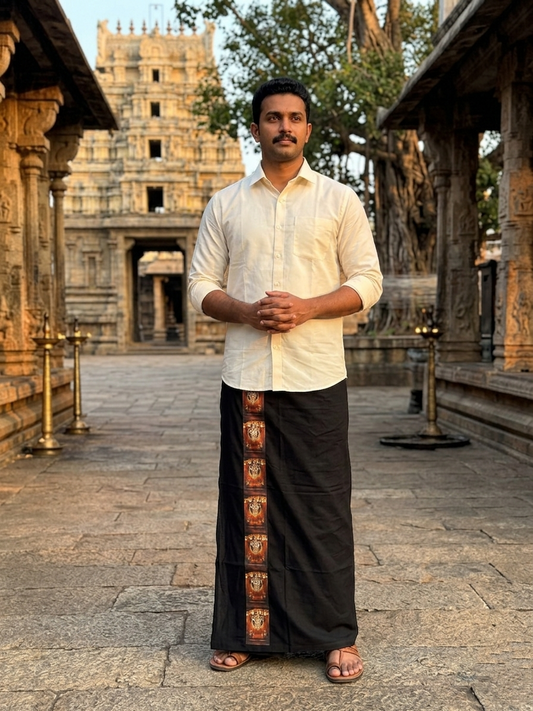 Southloom Black Printed Ayyapan Single Mundu / Otta Mundu (South Indian Kerala Dhoti)