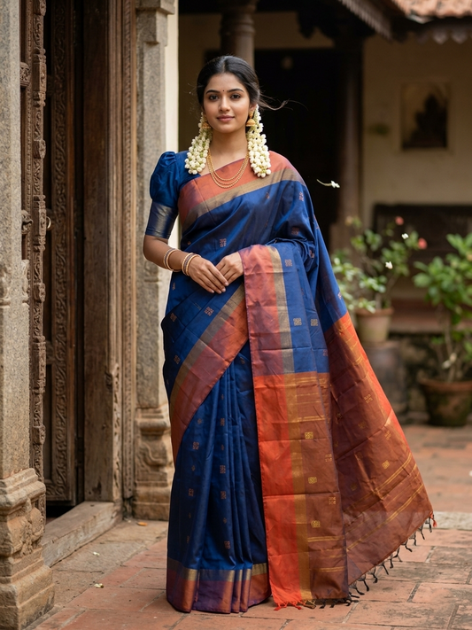 Southloom Semi Silk Saree with Butta Works Across on Body in Blue And Maroon