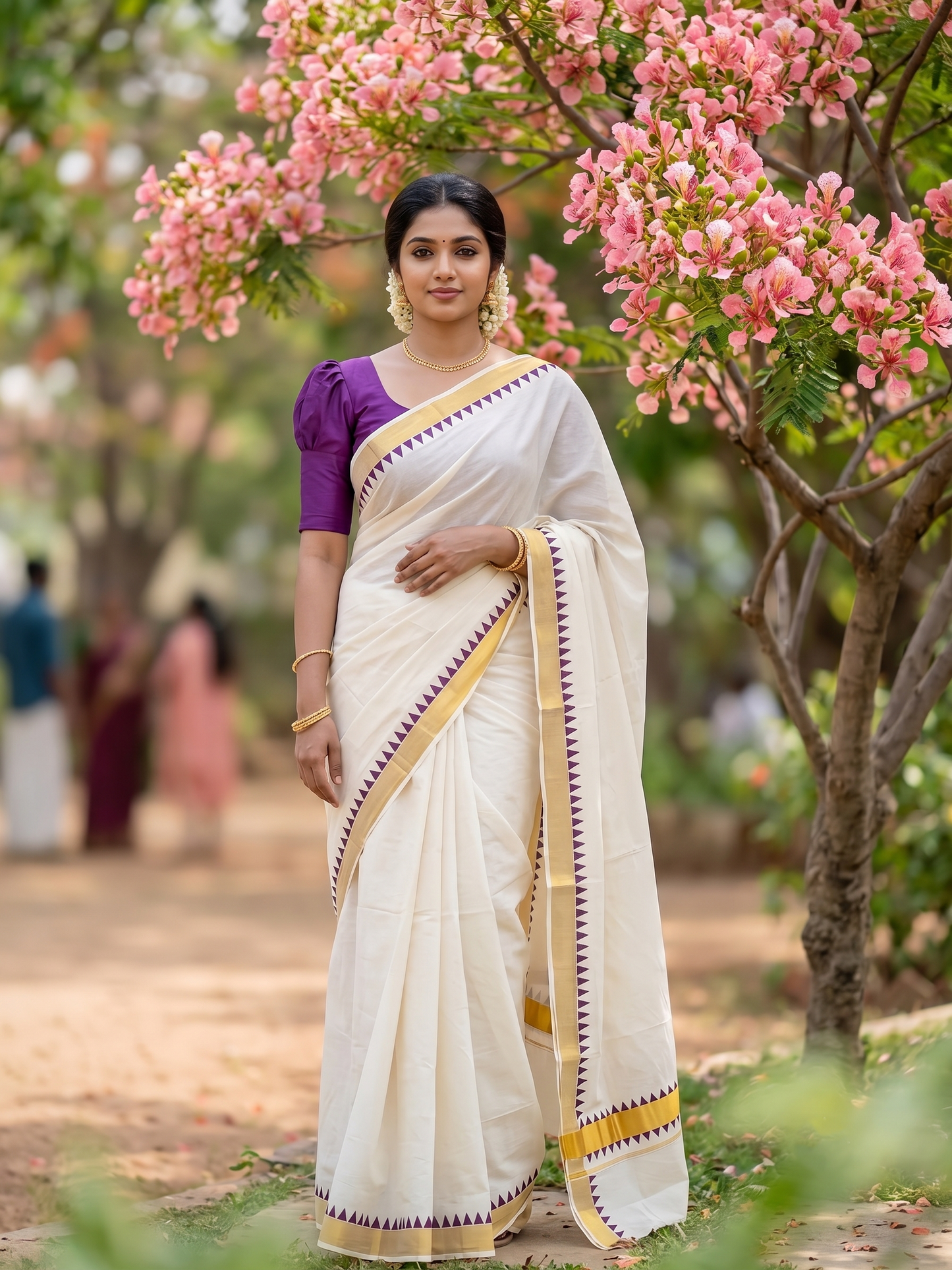 Southloom Cotton Kerala Kasavu Saree with purple Temple Design Border