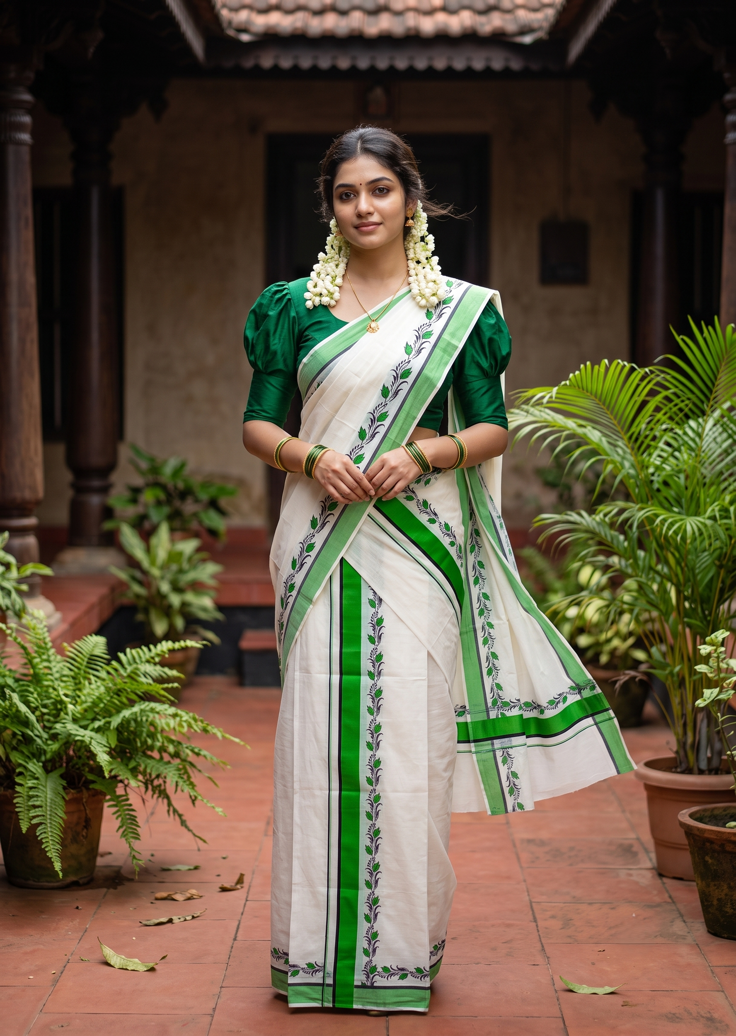 Southloom Pure Cotton Kerala Single Set Mundu (Mundum Neriyathum) with Digital Prints in Green 2.75 Mtrs SL538