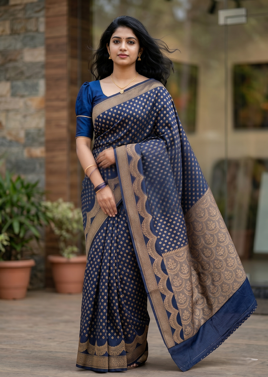 Southloom Munga Silk Saree with Woven Work on Body and Borders (Blue)