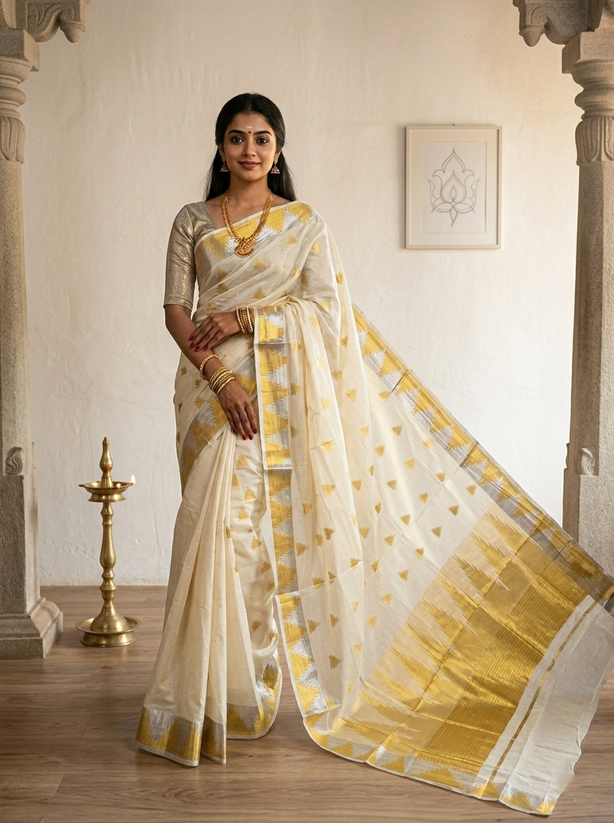 Southloom Pure Cotton Kerala Kasavu Saree with Temple Woven Work on Body and Border SL482