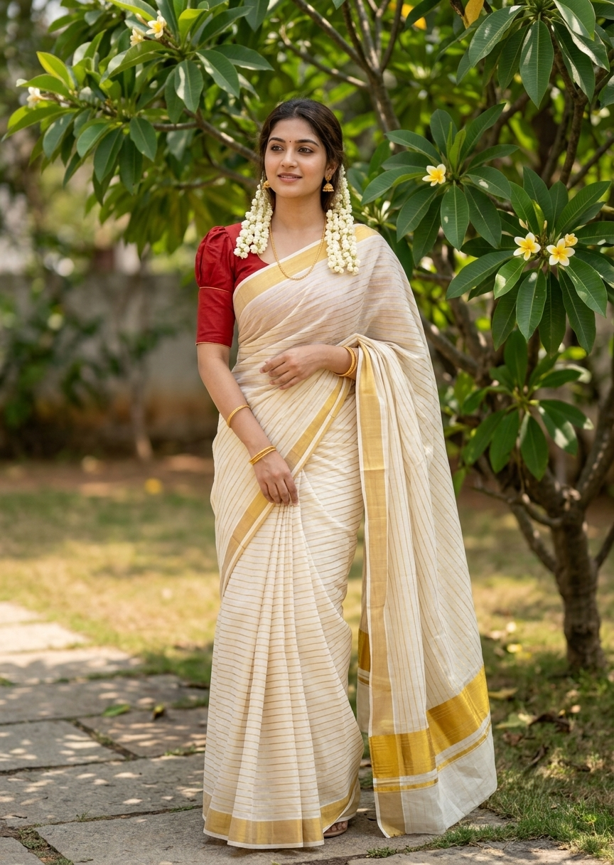 Southloom Super Premium Balaramapuram Handloom Cotton Saree with Stripes Design And Gold Kasavu on Border