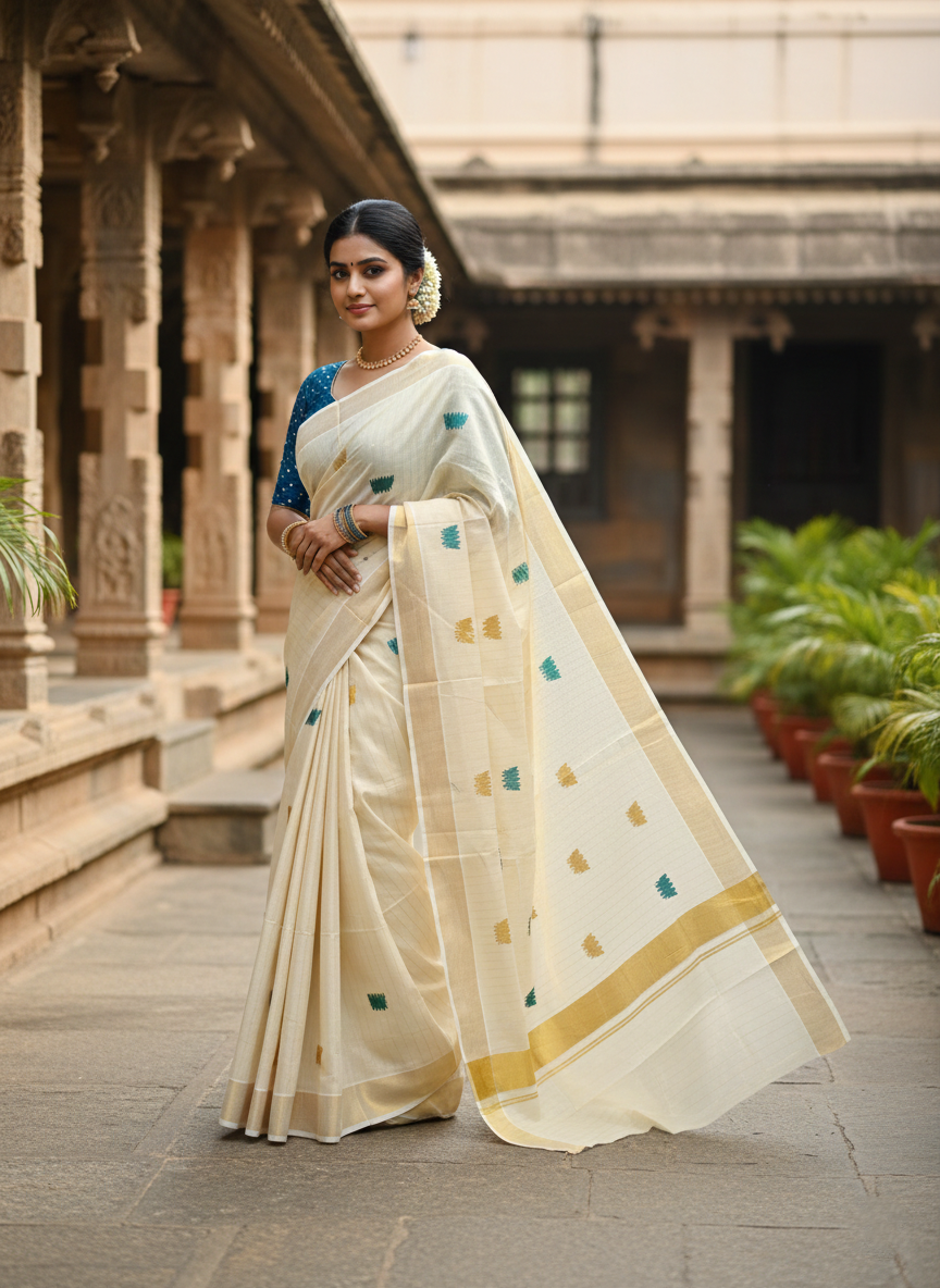 Southloom Kerala Tissue Kasavu Lines Saree with Peacock Green Lotus Embroidery Works SL 289