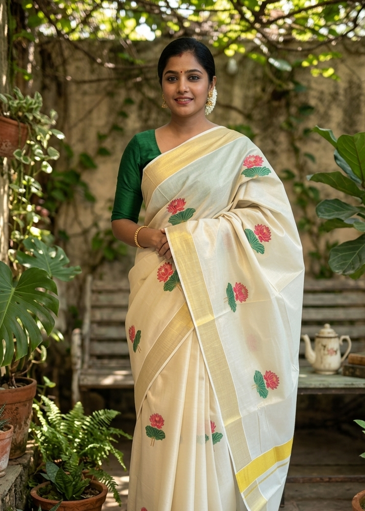 Kerala Tissue Lotus Embroidery Saree SLlotus