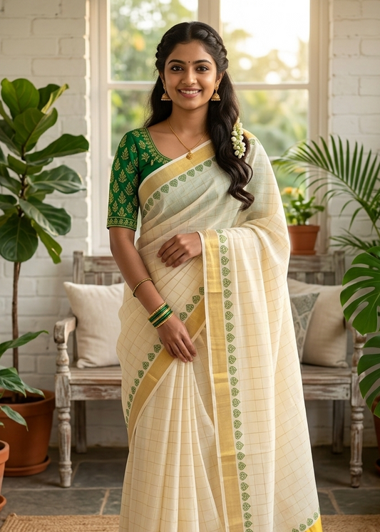 Kerala Cotton Check Printed Saree Without Tassels SL165