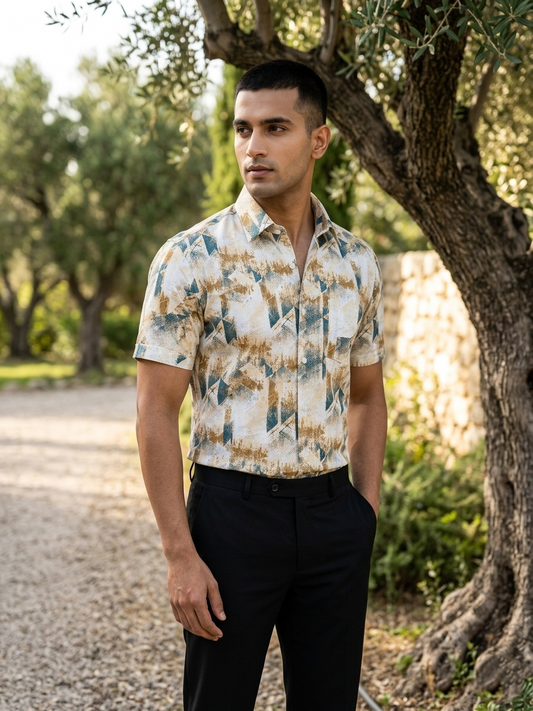 Pure Cotton Multi Coloured Orange Green Printed Shirt SLSHIRT 48 HS