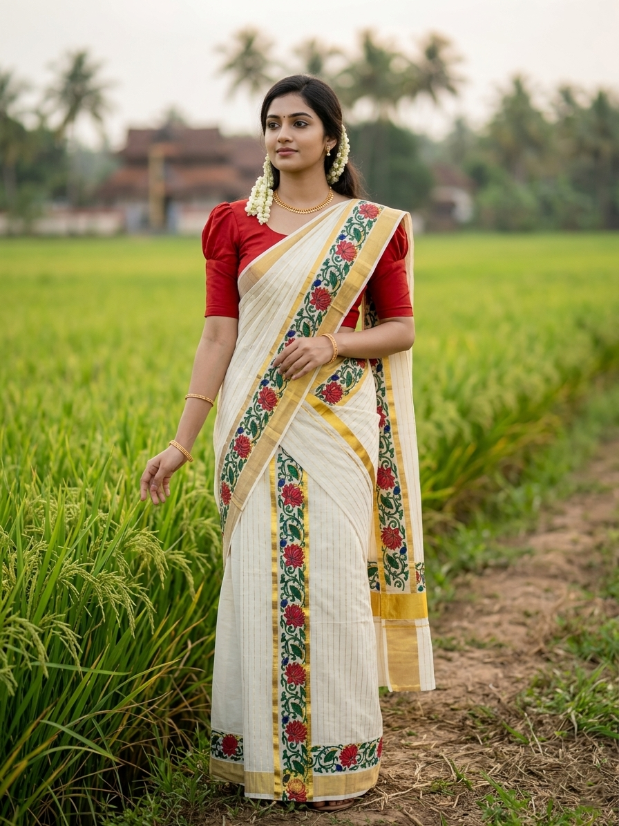 Southloom Cotton Lines Single Set Mundu (Mundu Neriyathum) With Red Floral Print And Gold Border Kasavu in 2.80 Mtrs